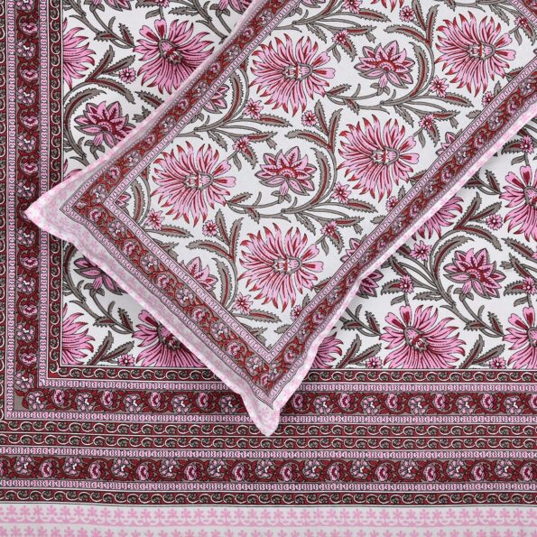 Ethnic Jaipuri Pink Floral Print Single Bed Sheet Top view