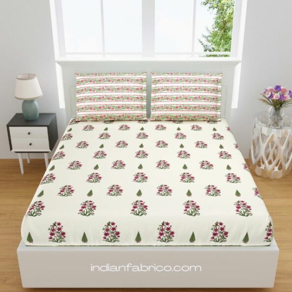 Fitted Sheet - Green Boota Red Floral Print Pure Cotton King Size Bedsheets