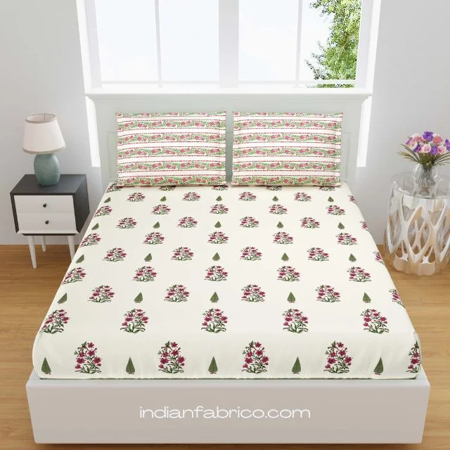 Fitted Sheet - Green Boota Red Floral Print Pure Cotton King Size Bedsheets Fitted Sheet - Green Boota Red Floral Print Pure Cotton King Size Bedsheets
