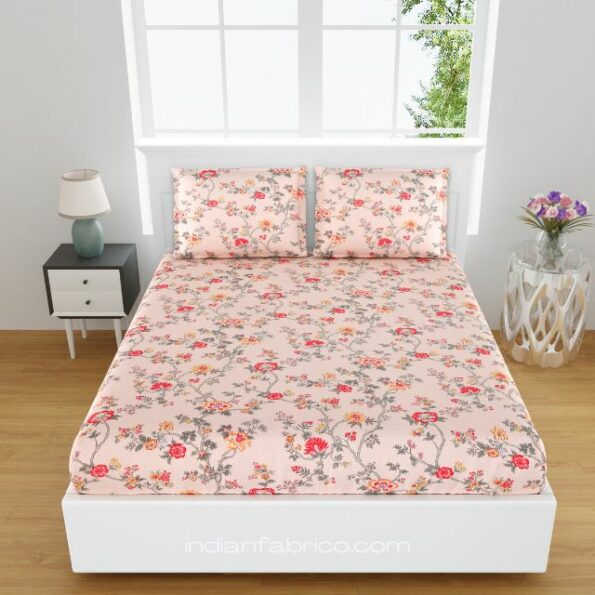 Fitted Sheet – Orange Red Floral Print Pure Cotton King Size Bedsheet
