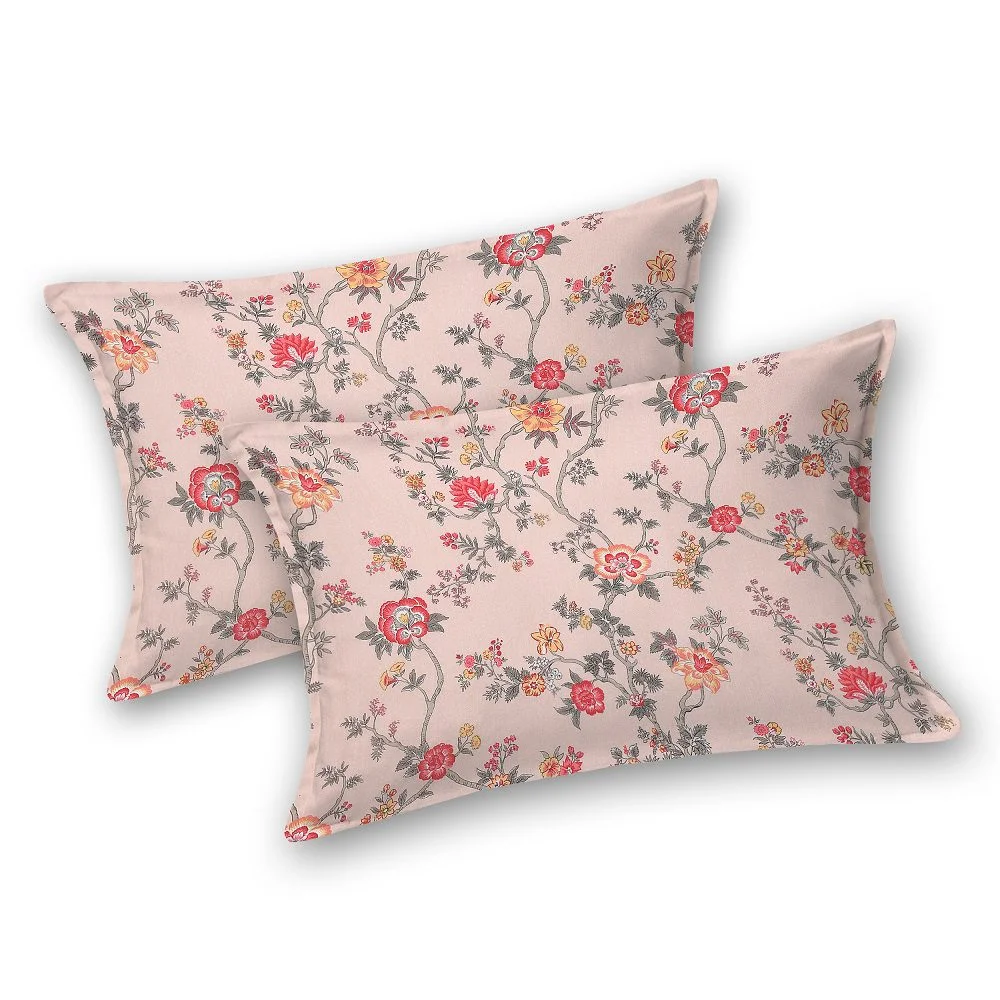 Fitted Sheet - Orange Red Floral Print Pure Cotton King Size Bedsheet Pillow Covers