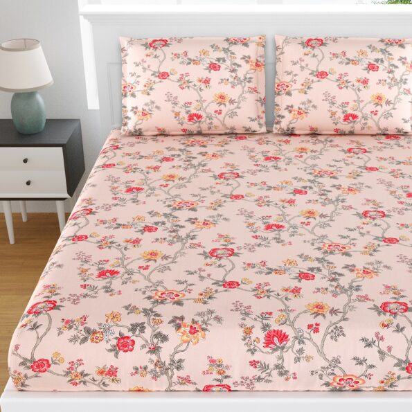 Fitted Sheet - Orange Red Floral Print Pure Cotton King Size Bedsheet Topview