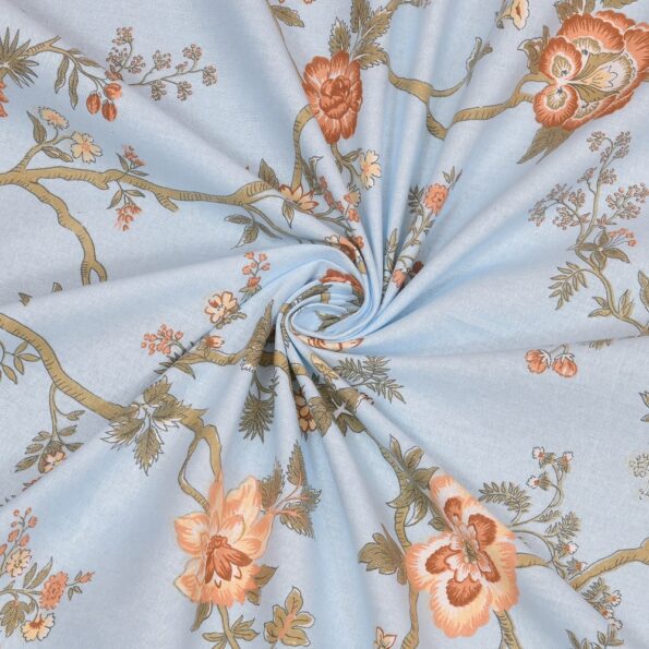 Fitted Sheet – Light Blue Orange Floral Print Pure Cotton King Size Bedsheet Closeup