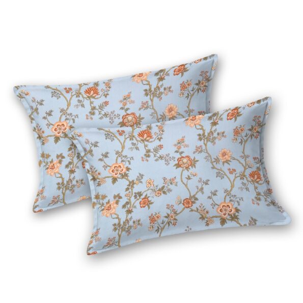 Fitted Sheet – Light Blue Orange Floral Print Pure Cotton King Size Bedsheet Pillow Covers