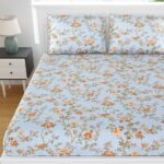 Fitted Sheet – Light Blue Orange Floral Print Pure Cotton King Size Bedsheet