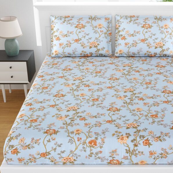 Fitted Sheet – Light Blue Orange Floral Print Pure Cotton King Size Bedsheet Topview