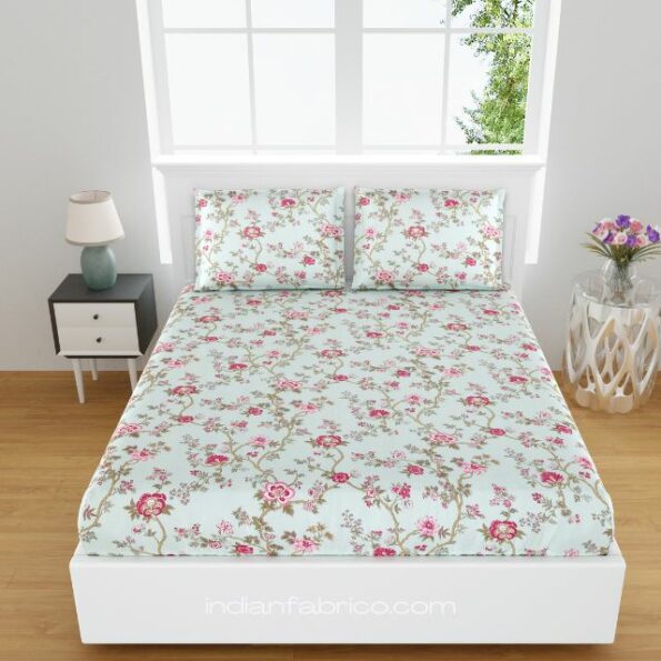 Fitted Sheet – Light Green Pink Floral Print Pure Cotton King Size Bedsheet