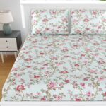 Fitted Sheet – Light Green Pink Floral Print Pure Cotton King Size Bedsheet