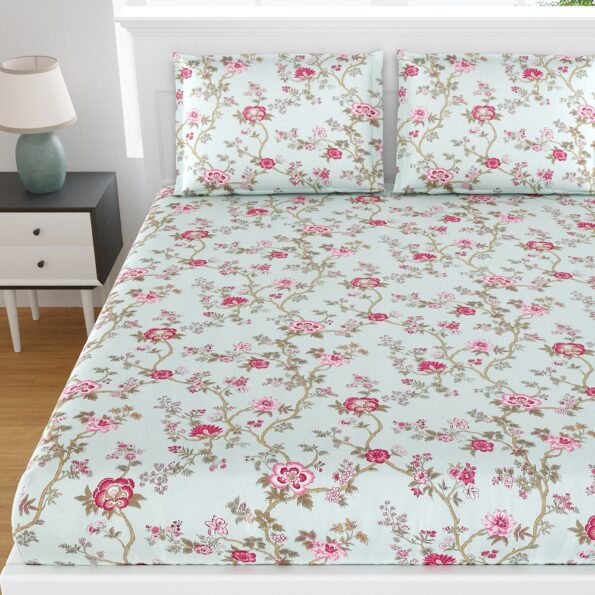 Fitted Sheet – Light Green Pink Floral Print Pure Cotton King Size Bedsheet Topview