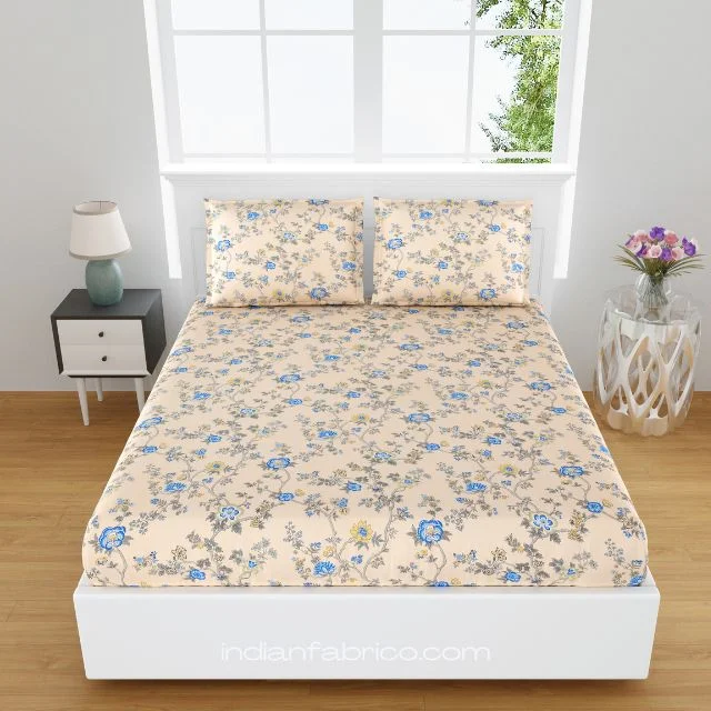 Fitted Sheet – Light Yellow Blue Floral Print Pure Cotton King Size Bedsheet
