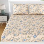 Fitted Sheet – Light Yellow Blue Floral Print Pure Cotton King Size Bedsheet