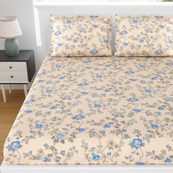 Fitted Sheet – Light Yellow Blue Floral Print Pure Cotton King Size Bedsheets