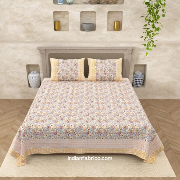 Multicolor Premium Floral Jaal Handblock Printed King Size Bedsheet (108x108)