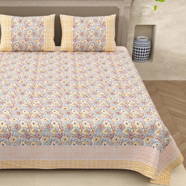 Multicolor Premium Floral Jaal Handblock Printed King Size Bedsheet
