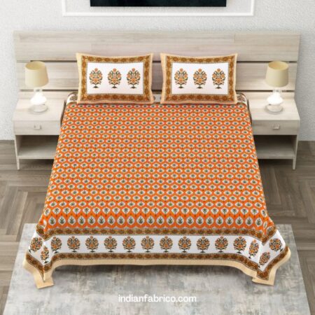 Orange Floral Jaal Print Pure Cotton King Size Bed Sheet