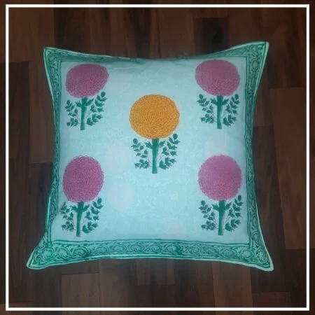 Pink Floral Boota Printed Pure Cotton Cushion Cover (16x16Inch)
