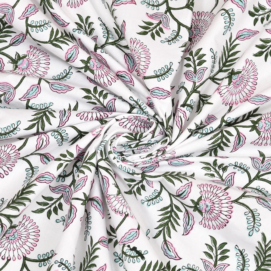 Premium Light Pink Floral Handblock Printed King Size Bedsheet Closeup