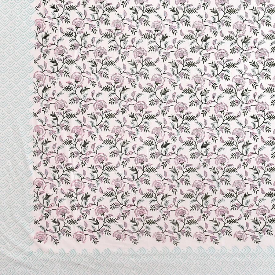 Premium Light Pink Floral Handblock Printed King Size Bedsheet Edges
