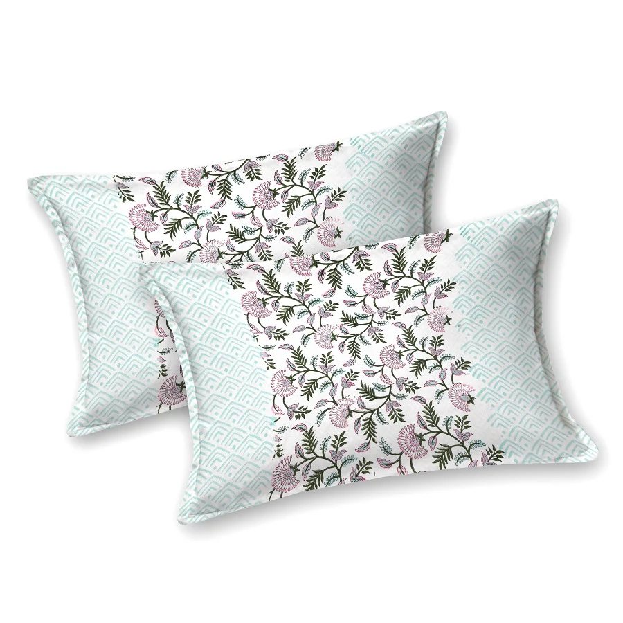 Premium Light Pink Floral Handblock Printed King Size Bedsheet Pillow Covers