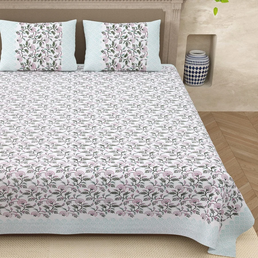 Premium Light Pink Floral Handblock Printed King Size Bedsheet