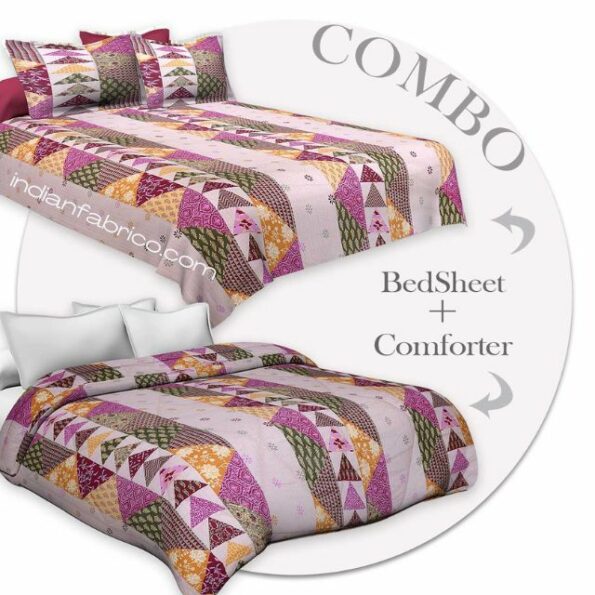 Premium Patchwork Pink King Size Bedsheet + Comforter Set with Two Pillow Covers