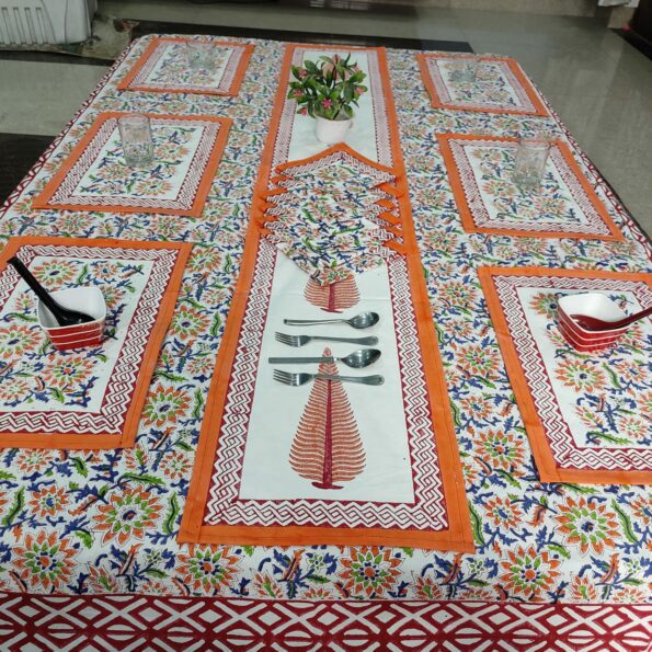 Table Cover Set – Orange Floral Boota Print Table Cover Set Fullview