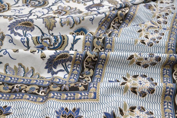 Beautiful Jaipuri Blue Gold Floral Printed King Size Bedsheet Closeup