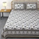 Beautiful Jaipuri Blue Gold Floral Printed King Size Bedsheet with Two Pillow Cover