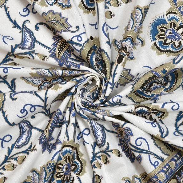 Beautiful Jaipuri Blue Gold Floral Printed King Size Bedsheet - Indian Fabrico