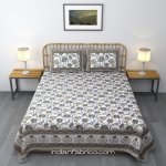 Beautiful Jaipuri Blue Gold Floral Printed King Size Bedsheet with Two Pillow Cover