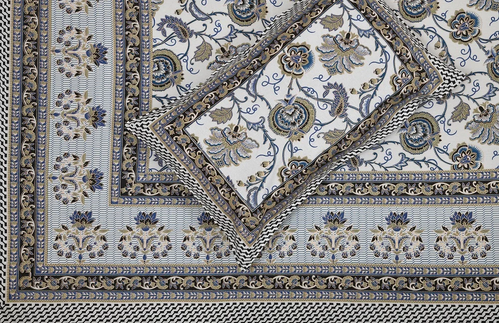 Beautiful Jaipuri Blue Gold Floral Printed King Size Bedsheets