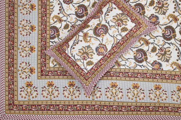 Beautiful Jaipuri Red Gold Floral Printed King Size Bedsheet Closeup