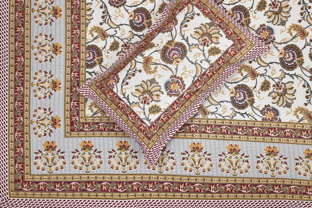 Beautiful Jaipuri Red Gold Floral Printed King Size Bedsheet Closeup