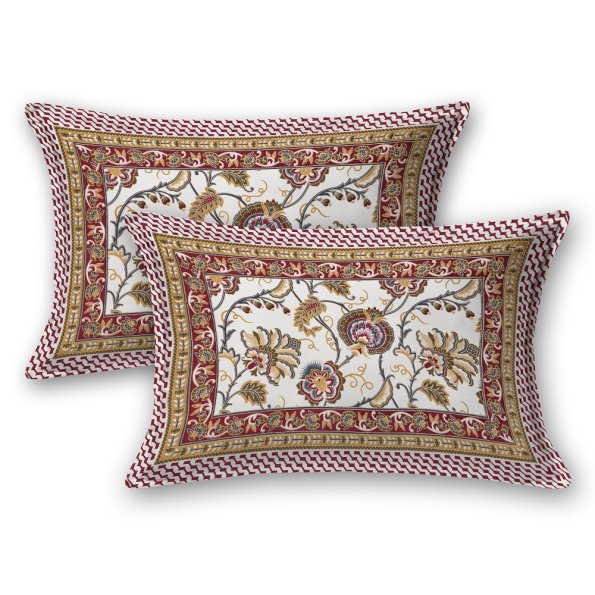 Beautiful Jaipuri Red Gold Floral Printed King Size Bedsheet Pillow Cover