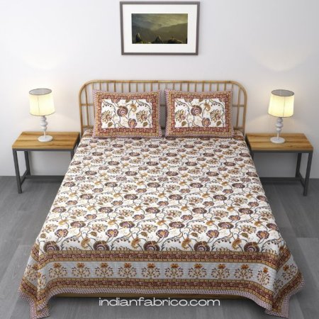 Beautiful Jaipuri Red Gold Floral Printed King Size Bedsheet with Two Pillow Cover