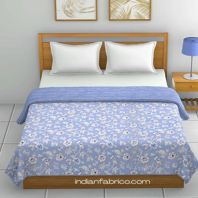 Blue Base White Flowers Bunch Pure Cotton Reversible Double Bed Dohar Blue Base White Flowers Bunch Pure Cotton Reversible Double Bed Dohar