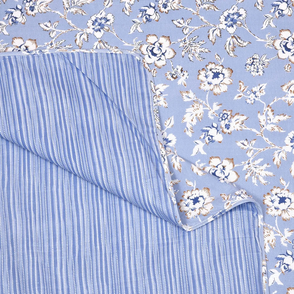 Blue Base White Flowers Bunch Pure Cotton Reversible Single Bed Dohar Back side Blue Base White Flowers Bunch Pure Cotton Reversible Single Bed Dohar Back side