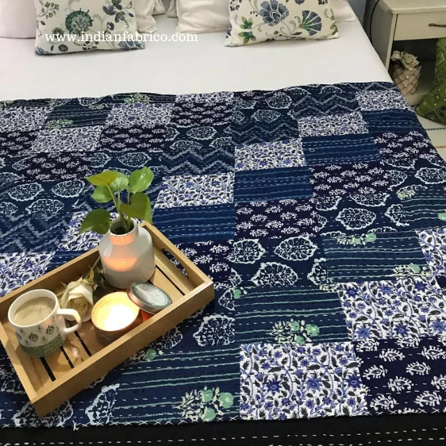 Blue Patchwork Kantha Double Bedspreads Blue Patchwork Kantha Double Bedspreads