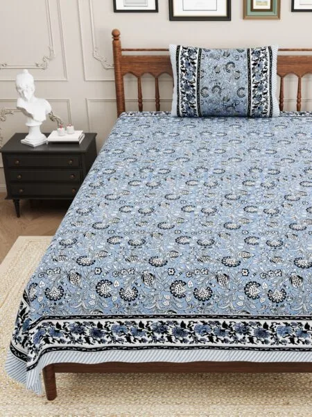Blue base Floral Print Single Bed Sheets