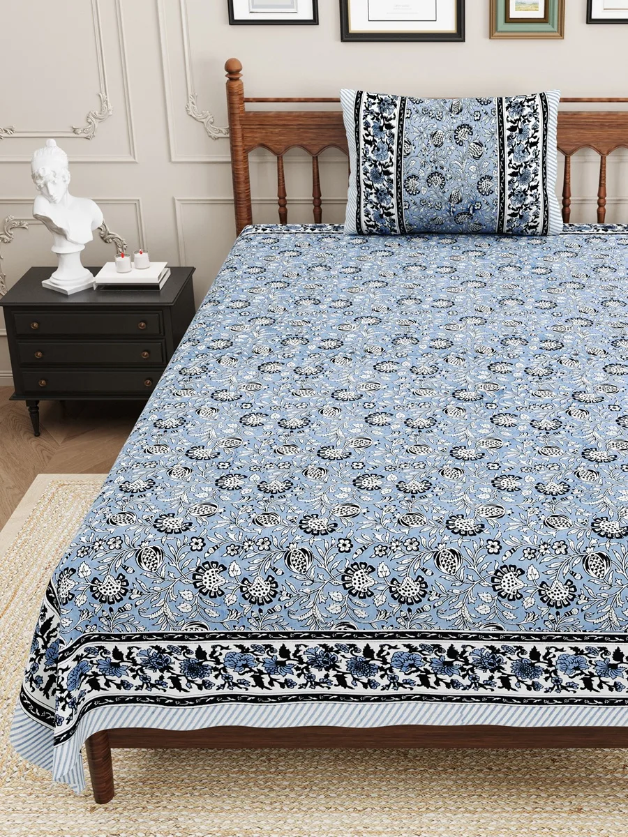 Blue base Floral Print Single Bed Sheets Blue base Floral Print Single Bed Sheets