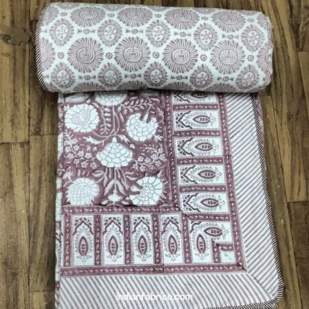 Dark Peach Handblock Floral Pure Cotton Reversible Single Bed Dohar