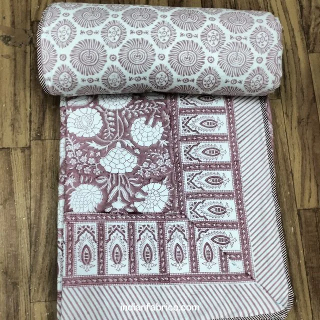 Dark Peach Handblock Floral Pure Cotton Reversible Single Bed Dohar Dark Peach Handblock Floral Pure Cotton Reversible Single Bed Dohar