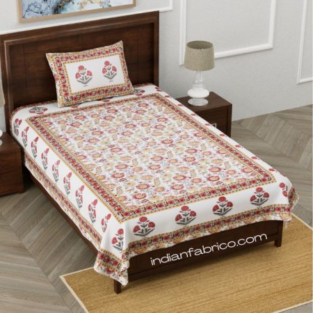 Ethnic Jaipuri Pure Cotton Pink Color Floral Single Bedsheet