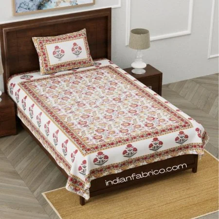 Ethnic Jaipuri Pure Cotton Pink Color Floral Single Bedsheet