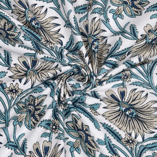 Ethnic Jaipuri Teal Floral Print Single Bed Sheet Closeup