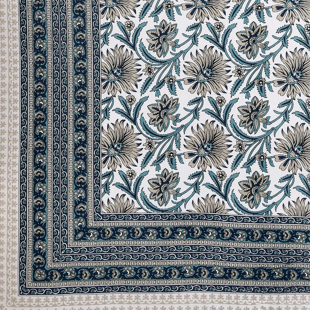 Ethnic Jaipuri Teal Floral Print Single Bed Sheet Edges