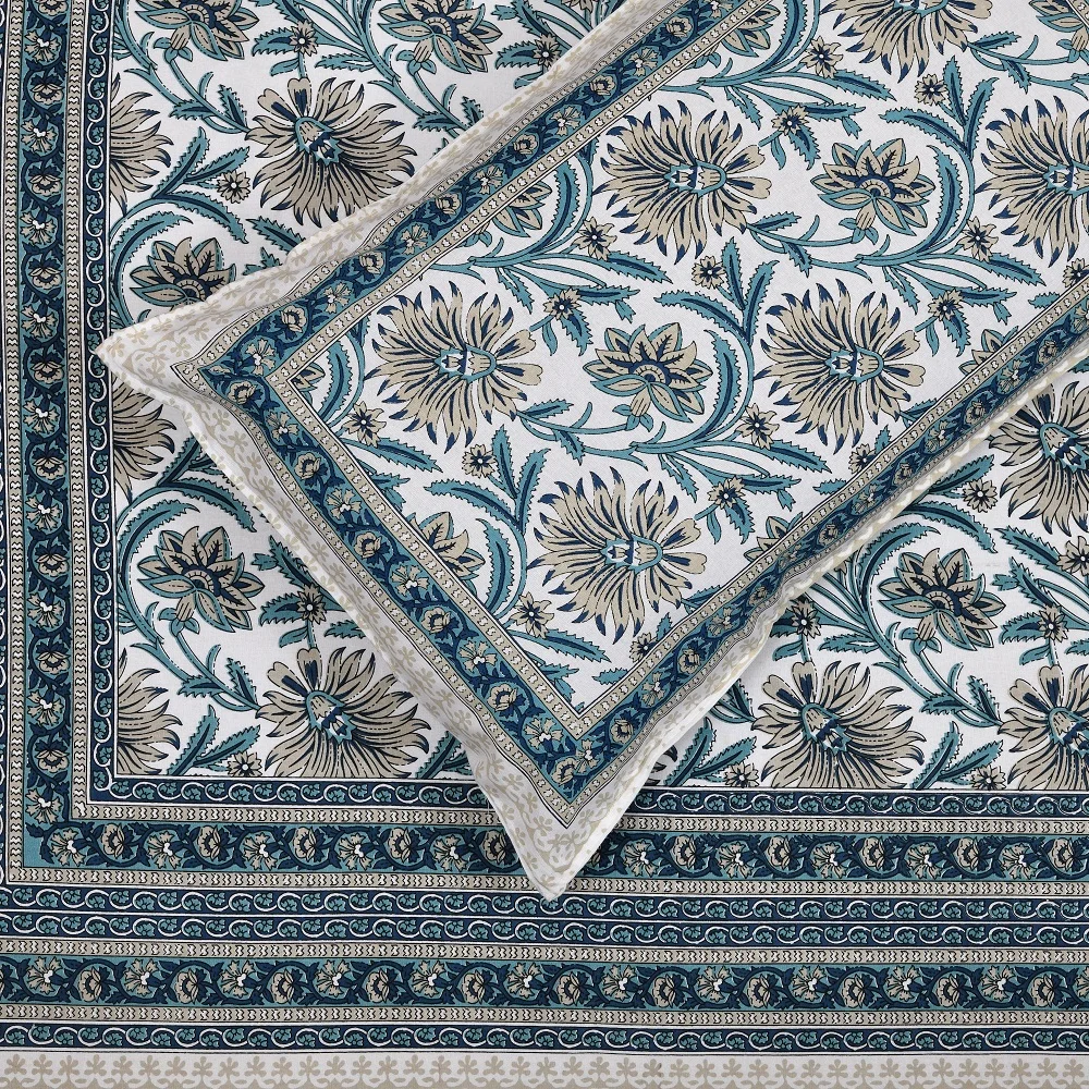 Ethnic Jaipuri Teal Floral Print Single Bed Sheets