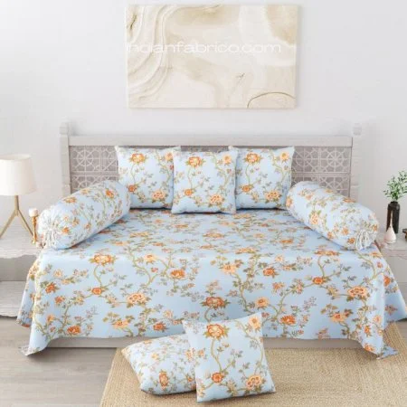 Light Blue Orange Floral Print Pure Cotton Diwan Set