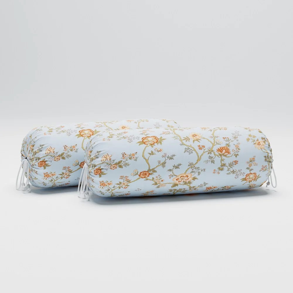 Light Blue Orange Floral Print Pure Cotton Diwan Set bolster