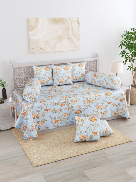 Light Blue Orange Floral Print Pure Cotton Diwan Sets